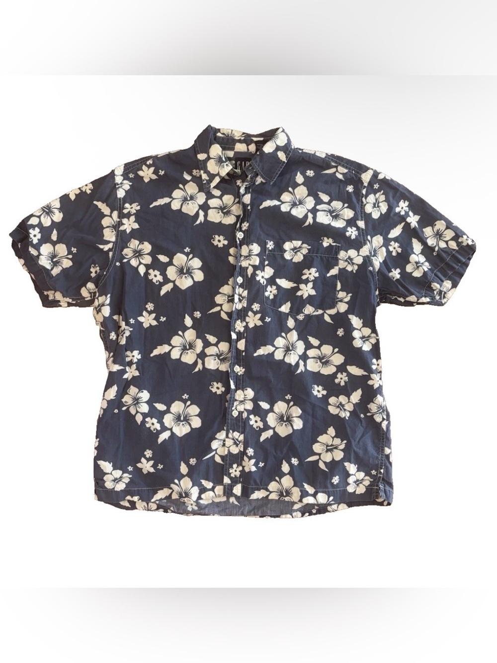 Vintage Gap Collared Hawaiian Shirt Mens Hibiscus Summer 2000 Blue
